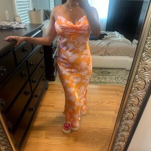 Floral Orange and Pink Cowl Maxi Dress